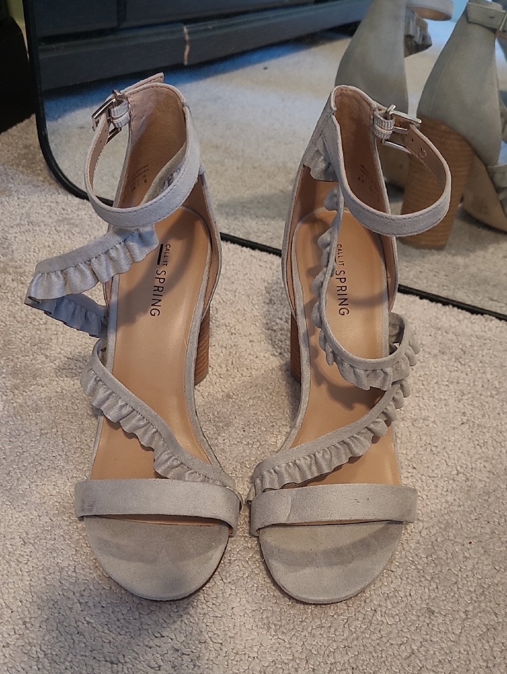 Call It Spring Women's Light Gray Ruffle Ankle Strap Block Heels